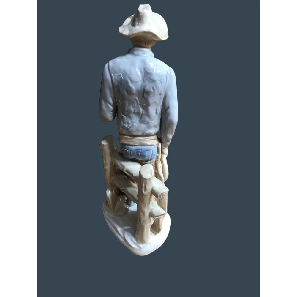 Porcelain Figurine Cowboy Sculpture Hat Cigar Rope Japan Western Rodeo Blue